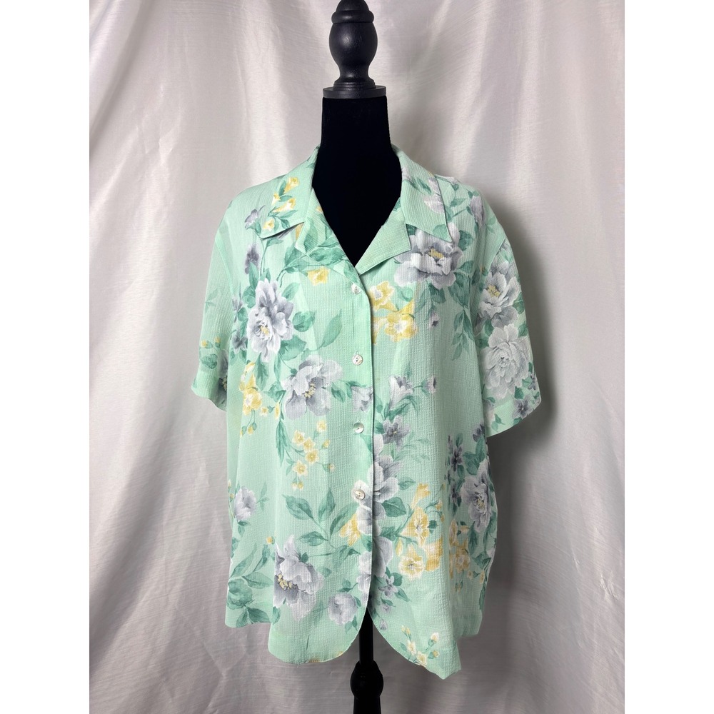 Alfred Dunner Floral Blouse Women 18 Mint Green Vintage Short Sleeve Button Down